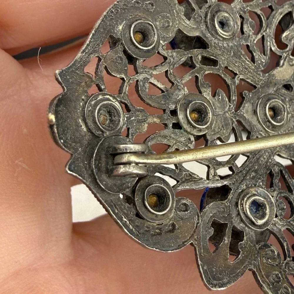 Vintage Brooch Blue Rhinestone Filigree Silver Tone